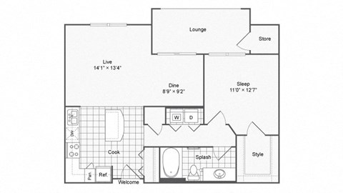 Floor plan for 1 bed, 1 bath, 801 sqft